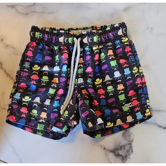 Le Club Boys Swim Trunks Size 1-2 XS Colorful Mustache Hat Printed Board Shorts - Picture 1 of 7